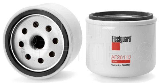 Fleetguard AF26113. Air Filter Product – Brand Specific Fleetguard – Breather Product Fleetguard filter product Air Filter. Main Cross Reference is Cummins 3683458. Fleetguard Part Type: AF_COAL. Comments: Cummins ISX and ISM Applications