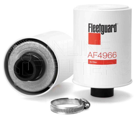 Fleetguard AF4966. Air Filter Product – Brand Specific Fleetguard – Breathers Crankcase Product Fleetguard filter product Air Filter. Main Cross Reference is Volvo 10823680. Flame Retardant Media: No. Flow Direction: Outside In. Fleetguard Part Type: CRNKBRTR. Comments: Air breather on vehicles with air suspension. Is a longer version of AF4895