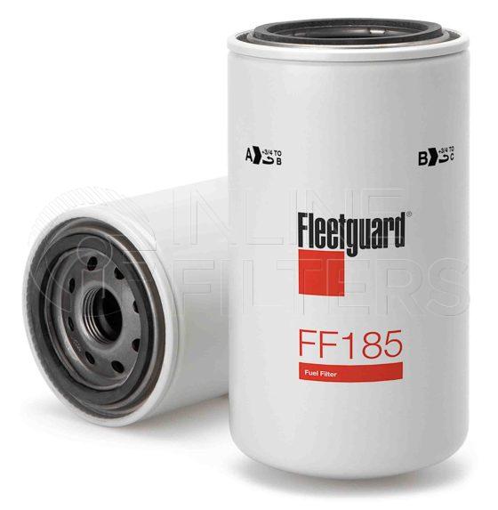 Fleetguard FF185. Fuel Filter Product – Brand Specific Fleetguard – Spin On Product Fleetguard filter product Fuel Filter. For Upgrade use FF5336. Main Cross Reference is Caterpillar 1P2299. Efficiency TWA by SAE J 1985: 97 % (97 %). Micron Rating by SAE J 1985: 8 micron (8 micron). Fleetguard Part Type: FF_PRSP