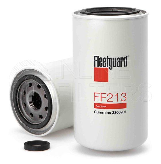 Fleetguard FF213. Fuel Filter Product – Brand Specific Fleetguard – Spin On Product Fleetguard filter product Fuel Filter. For Short version use FF105. Main Cross Reference is Cummins 3300901. Efficiency TWA by SAE J 1858: 96 % (96 %). Micron Rating by SAE J 1858: 20 micron (20 micron). Fleetguard Part Type: FF_SPIN. Comments: Extended Life Version