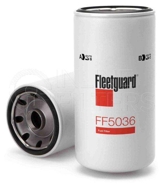 Fleetguard FF5036. Fuel Filter Product – Brand Specific Fleetguard – Spin On Product Fleetguard filter product Fuel Filter. For Service Part use 3312091S. Main Cross Reference is Vauxhall GM 25011024. Efficiency TWA by SAE J 1858: 97 % (97 %). Micron Rating by SAE J 1858: 20 micron (20 micron). Fleetguard Part Type: FF_SPIN