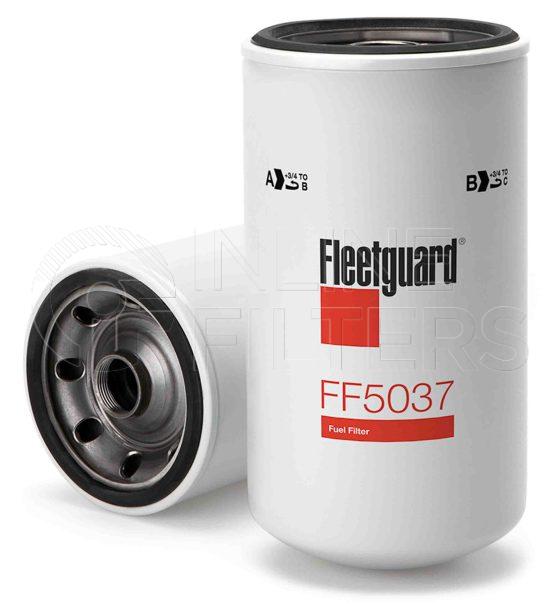 Fleetguard FF5037. Fuel Filter Product – Brand Specific Fleetguard – Spin On Product Fleetguard filter product Fuel Filter. For Service Part use 3312092S. Main Cross Reference is Vauxhall GM 25011026. Efficiency TWA by SAE J 1858: 90 % (90 %). Micron Rating by SAE J 1858: 20 micron (20 micron). Fleetguard Part Type: FF_SPIN
