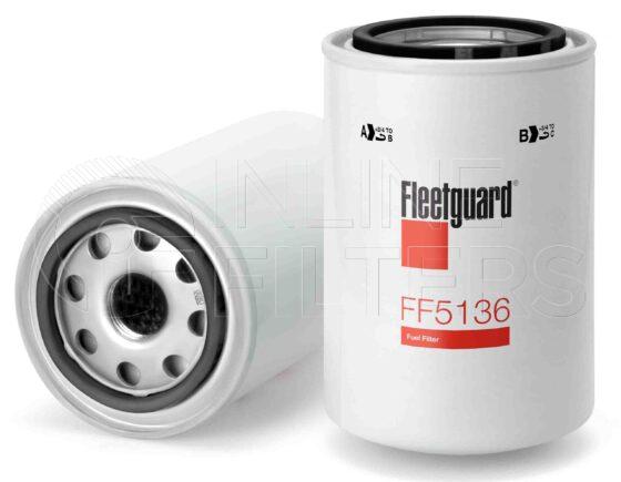 Fleetguard FF5136. Fuel Filter Product – Brand Specific Fleetguard – Spin On Product Fleetguard filter product Fuel Filter. Main Cross Reference is Hino 235011010. Efficiency TWA by SAE J 1858: 50 % (50 %). Micron Rating by SAE J 1858: 20 micron (20 micron). Fleetguard Part Type: FF_SPIN