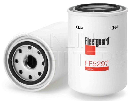 Fleetguard FF5297. Fuel Filter Product – Brand Specific Fleetguard – Spin On Product Fleetguard filter product Fuel Filter. For Stratapore version use FF5424. Main Cross Reference is Scania 1372444. Efficiency TWA by SAE J 1858: 98 % (98 %). Micron Rating by SAE J 1858: 18 micron (18 micron). Fleetguard Part Type: FF_SPIN