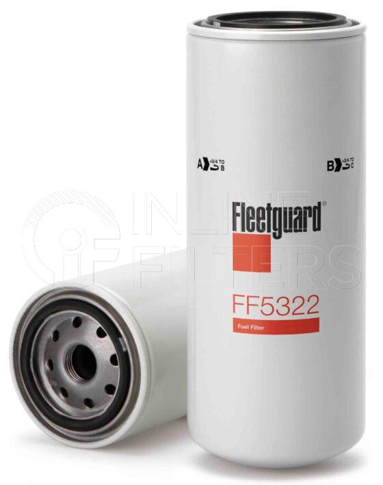 Fleetguard FF5322. Fuel Filter Product – Brand Specific Fleetguard – Spin On Product Fleetguard filter product Fuel Filter. For Upgrade use FF5818. Main Cross Reference is Caterpillar 1R0753. Efficiency TWA by SAE J 1985: 98.7 % (98.7 %). Micron Rating by SAE J 1985: 5 micron (5 micron). Fleetguard Part Type: FF_SPIN