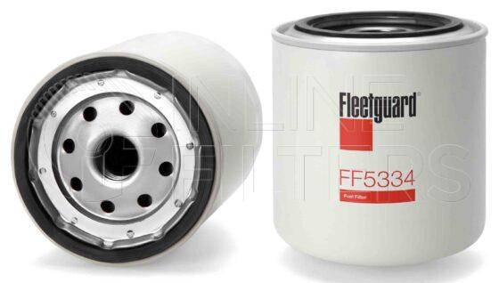 Fleetguard FF5334. Fuel Filter Product – Brand Specific Fleetguard – Spin On Product Fleetguard filter product Fuel Filter. For Standard version use FF104. Main Cross Reference is Donaldson EFF9093. Efficiency TWA by SAE J 1858: 99 % (99 %). Micron Rating by SAE J 1858: 20 micron (20 micron). Fleetguard Part Type: FF. Comments: Synthetic Media Version