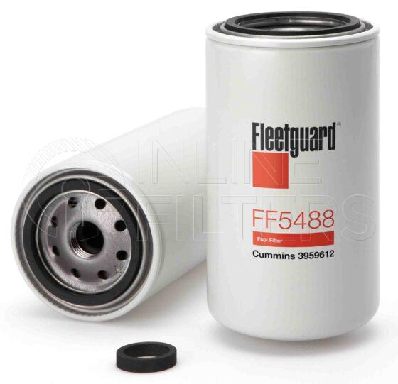 Fleetguard FF5488. Fuel Filter Product – Brand Specific Fleetguard – Undefined Product Fleetguard filter product Fuel Filter. For Upgrade use FF5767. Main Cross Reference is Cummins 3959612. Efficiency TWA by SAE J 1985: 98.7 % (98.7 %). Micron Rating by SAE J 1985: 5 micron (5 micron). Fleetguard Part Type: FF
