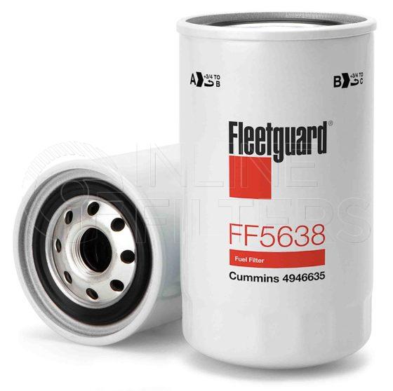 Fleetguard FF5638. Fuel Filter Product – Brand Specific Fleetguard – Spin On Product Fleetguard filter product Fuel Filter. Main Cross Reference is Cummins 4942437. Efficiency TWA by SAE J 1858: 99.5 % (99.5 %). Micron Rating by SAE J 1858: 10 micron (10 micron). Fleetguard Part Type: FF
