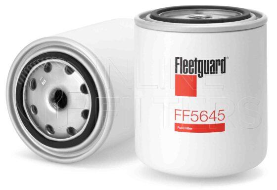 Fleetguard FF5645. Fuel Filter. Main Cross Reference is Volvo 11708555. Fleetguard Part Type: FF_SPIN.