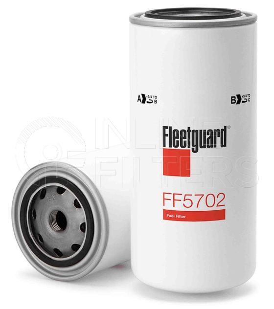 Fleetguard FF5702. Fuel Filter. Main Cross Reference is Deutz AG Fahr KHD 1182674. Fleetguard Part Type: FF_SPIN.