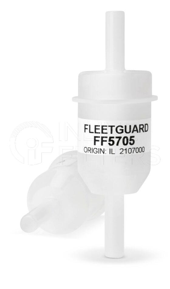 Fleetguard FF5705. Fuel Filter Product – Brand Specific Fleetguard – In Line Product Fleetguard filter product Fuel Filter. Main Cross Reference is Mercedes 14772101. Fleetguard Part Type FF_INLIN. Plastic inline Fuel Filter with 115 micron media and 8mm OD Inlet/Outlet ports