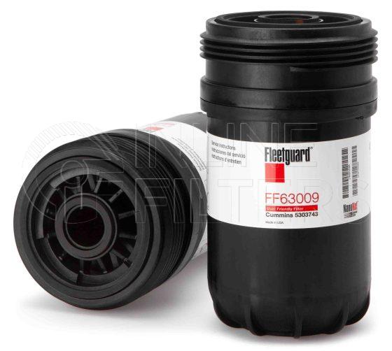 Fleetguard FF63009. Fuel Filter. For Housing use FH22152. Main Cross Reference is Cummins 5303743. Free Water Separation: 0.0. Fleetguard Part Type: FF. Comments: Stage II User Friendly Filter with XT Design. Featuring NanoNet for Cummins B/L Series Engines. Stage II user friendly filter with XT design, featuring NanoNet for Cummins B/L series engines