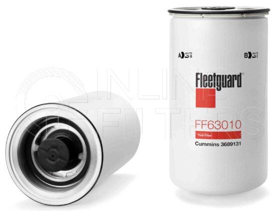 Fleetguard FF63010. Fuel Filter Product – Brand Specific Fleetguard – Undefined Product Fleetguard filter product Fuel Filter. Main Cross Reference is Cummins 3689131. Fleetguard Part Type: FF. Comments: HD Stage 2 FF with NanoNet