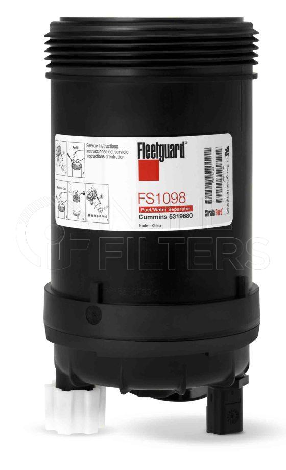 Fleetguard FS1098. Fuel Filter Product – Brand Specific Fleetguard – Spin On Product Fleetguard filter product Fuel Filter. For Housing use FH143. Main Cross Reference is Cummins 5319680. Emulsified Water Separation: 95. Free Water Separation: 95. Fleetguard Part Type: FS