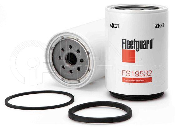 Fleetguard FS19532. Fuel Filter Product – Brand Specific Fleetguard – Spin On Product Fleetguard filter product Fuel Filter. For Service Part use 3948395S. Main Cross Reference is Racor R90P. Emulsified Water Separation: 97 % (97 %). Fleetguard Part Type: FS. Comments: For drain only version with no sensor port use FS19932