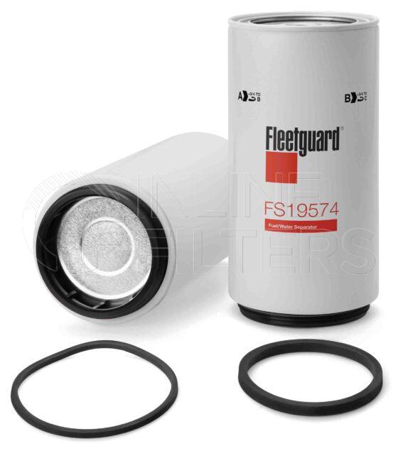 Fleetguard FS19574. Fuel Filter Product – Brand Specific Fleetguard – Spin On Product Fleetguard filter product Fuel Filter. For Service Part use 3948395S. Main Cross Reference is John Deere RE502203. Emulsified Water Separation: 0.0. Free Water Separation: 0.0. Fleetguard Part Type: FS_CART. Comments: (Bowl attachment has external threads)