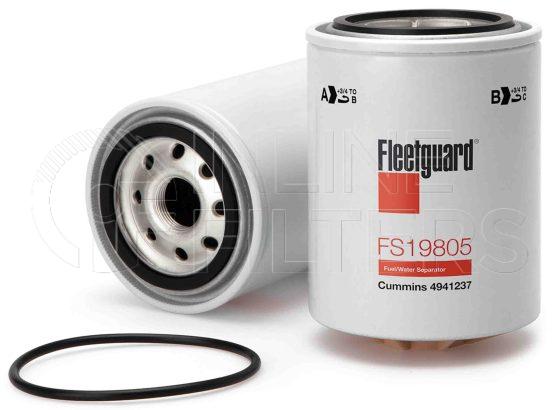 Fleetguard FS19805. Fuel Filter Product – Brand Specific Fleetguard – Spin On Product Fleetguard filter product Fuel Filter. For Service Part use 3946411S. Main Cross Reference is Cummins 4941237. Efficiency TWA by SAE J 1985: 97 % (97 %). Micron Rating by SAE J 1985: 10 micron (10 micron). Fleetguard Part Type: FS