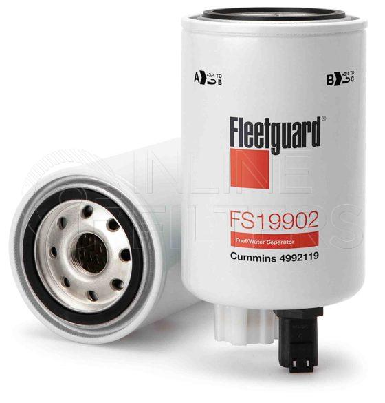 Fleetguard FS19902. Fuel Filter Product – Brand Specific Fleetguard – Spin On Product Fleetguard filter product Fuel Filter. Main Cross Reference is Cummins 4992119. Fleetguard Part Type: FS_SPIN. Comments: Pre-filter for QSB3.3