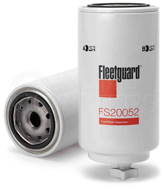 Fleetguard FS20052. Fuel Filter Product – Brand Specific Fleetguard – Spin On Product Spin-on fuel/water separator With Drain Yes Bowl version FIN-FF30287 Fuel Filter. Main Cross Reference is Caterpillar 3087298. Emulsified Water Separation: 95. Free Water Separation: 95. Fleetguard Part Type: FS