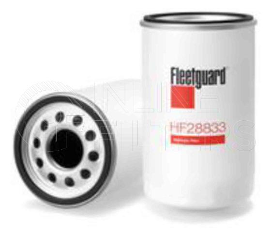 Fleetguard HF28833. Hydraulic Filter Product – Brand Specific Fleetguard – Spin On Product Fleetguard filter product Hydraulic Filter. Main Cross Reference is Fiat Allis 1930986. Particle Size at Beta 75: 100.0 micron. Fleetguard Part Type: HF_SPIN