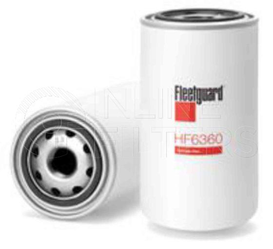 Fleetguard HF6360. Hydraulic Filter Product – Brand Specific Fleetguard – Spin On Product Fleetguard filter product Hydraulic Filter. Main Cross Reference is John Deere AL56469. Particle Size at Beta 75: 50 micron (50 micron). Fleetguard Part Type: HF_SPIN