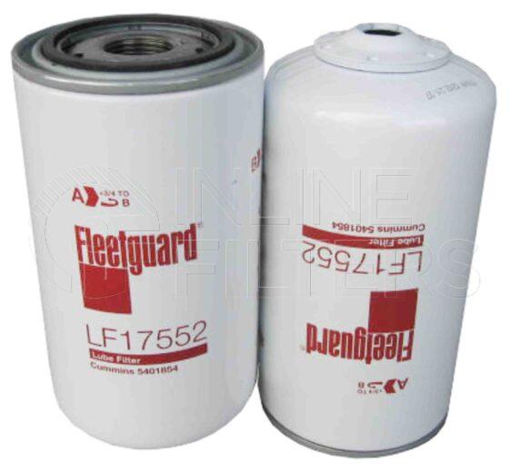 Fleetguard LF17552. Lube Filter Product – Brand Specific Fleetguard – Undefined Product Fleetguard filter product Lube Filter. Main Cross Reference is Cummins 5401854. Fleetguard Part Type: LF. Comments: Same as the LF16015 with one shell welded nut