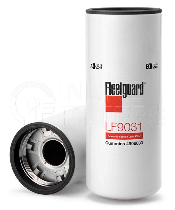 Fleetguard LF9031. Lube Filter Product – Brand Specific Fleetguard – Spin On Product Fleetguard filter product Lube Filter. For same size Filter with Different Seal use LF9001. Main Cross Reference is Cummins 4906633. Fleetguard Part Type: LF_COMBO. Comments: Used on Cummins Centinel? applications Vamac rubber outer gasket Stratapore Venturi Combo