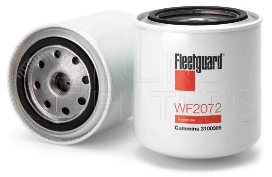 Fleetguard WF2072. Water Filter Product – Brand Specific Fleetguard – Spin On Product Fleetguard filter product Water Filter. Main Cross Reference is Cummins 3100305. Fleetguard Part Type: WF_SPIN. Comments: Cummins 11/16 w/16 DCA4-6 units For Brazil Market, use WF2172