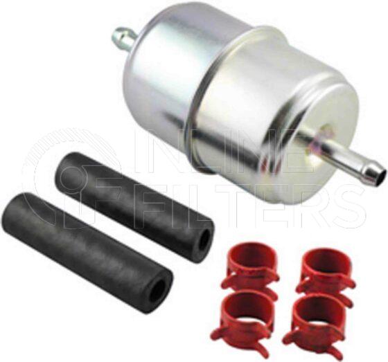 Inline FF30616. Fuel Filter Product – In Line – Metal Product Metal in-line fuel filter Supplied With Clamps and hoses Micron 8 micron 20 Micron version FIN-FF30868