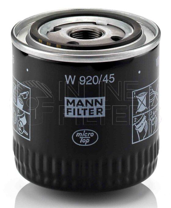 Mann W 920/45. FILTER-Lube(Brand Specific) Product – Brand Specific Mann – Spin On Product Spin on lube filter Filter Removal Tool FMH-LS9 Removal Tool Kit FMH-LSK01-9