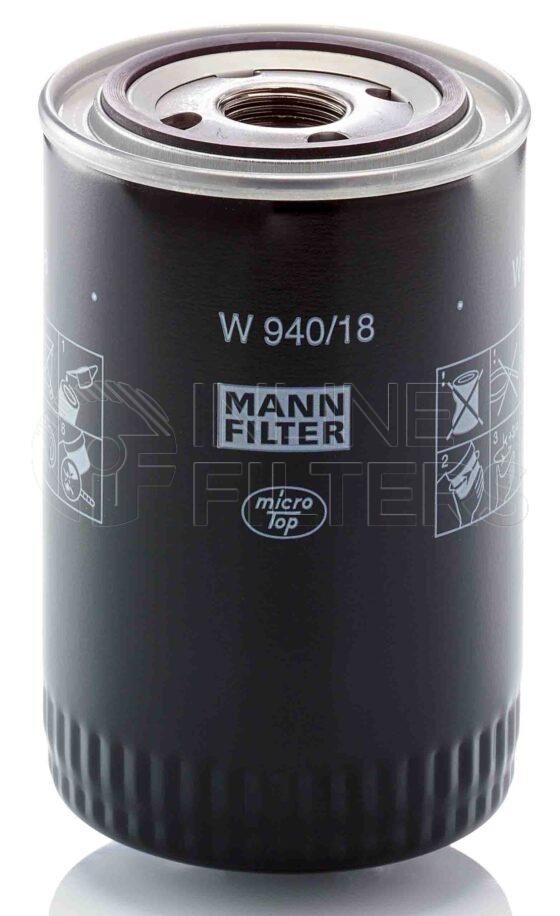 Mann W 940/18. FILTER-Lube(Brand Specific) Product – Brand Specific Mann – Spin On Product Spin on lube filter Filter Removal Tool FMH-LS9 Removal Tool Kit FMH-LSK01-9