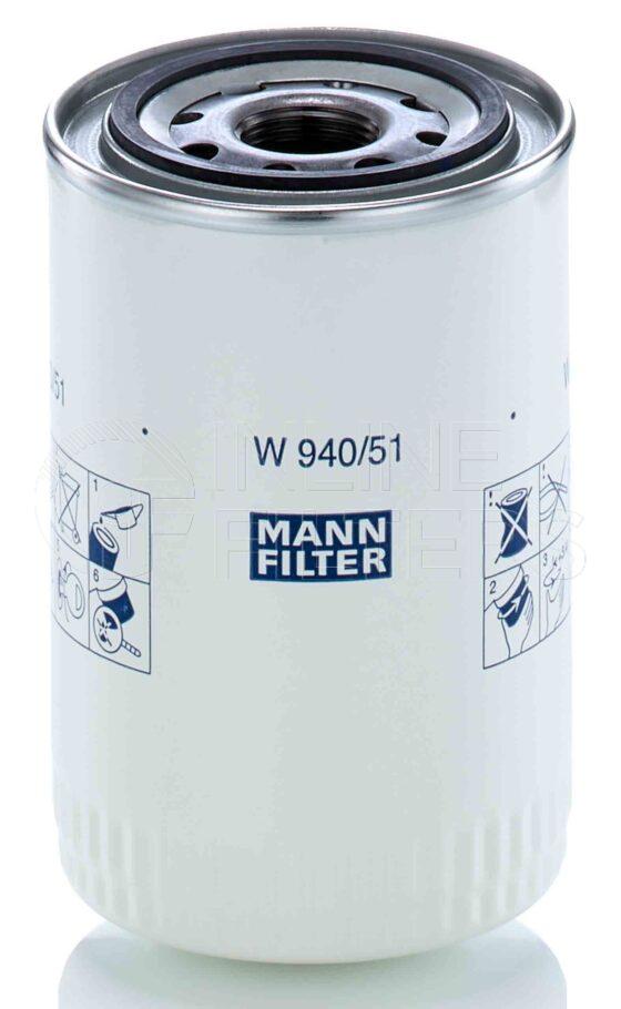 Mann W 940/51. FILTER-Hydraulic(Brand Specific) Product – Brand Specific Mann – Spin On Product Spin on lube filter Filter Removal Tool FMH-LS9 Removal Tool Kit FMH-LSK01-9